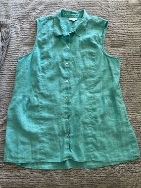 J. Jill Sleeveless Button-Down Linen Top - Teal Green